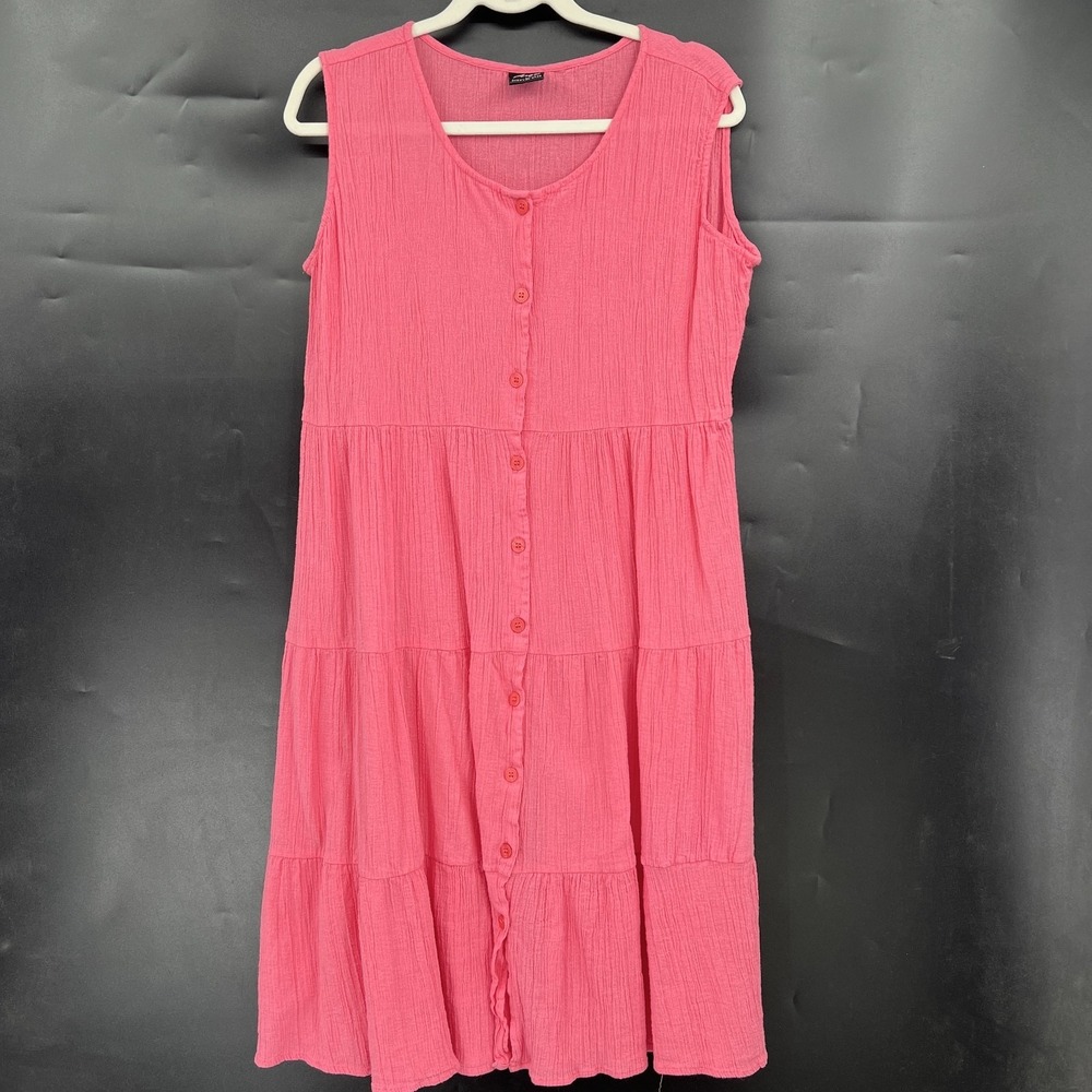 Argee 100% cotton gauze button up tiered midi dress pink boho coastal grandma‎ L
